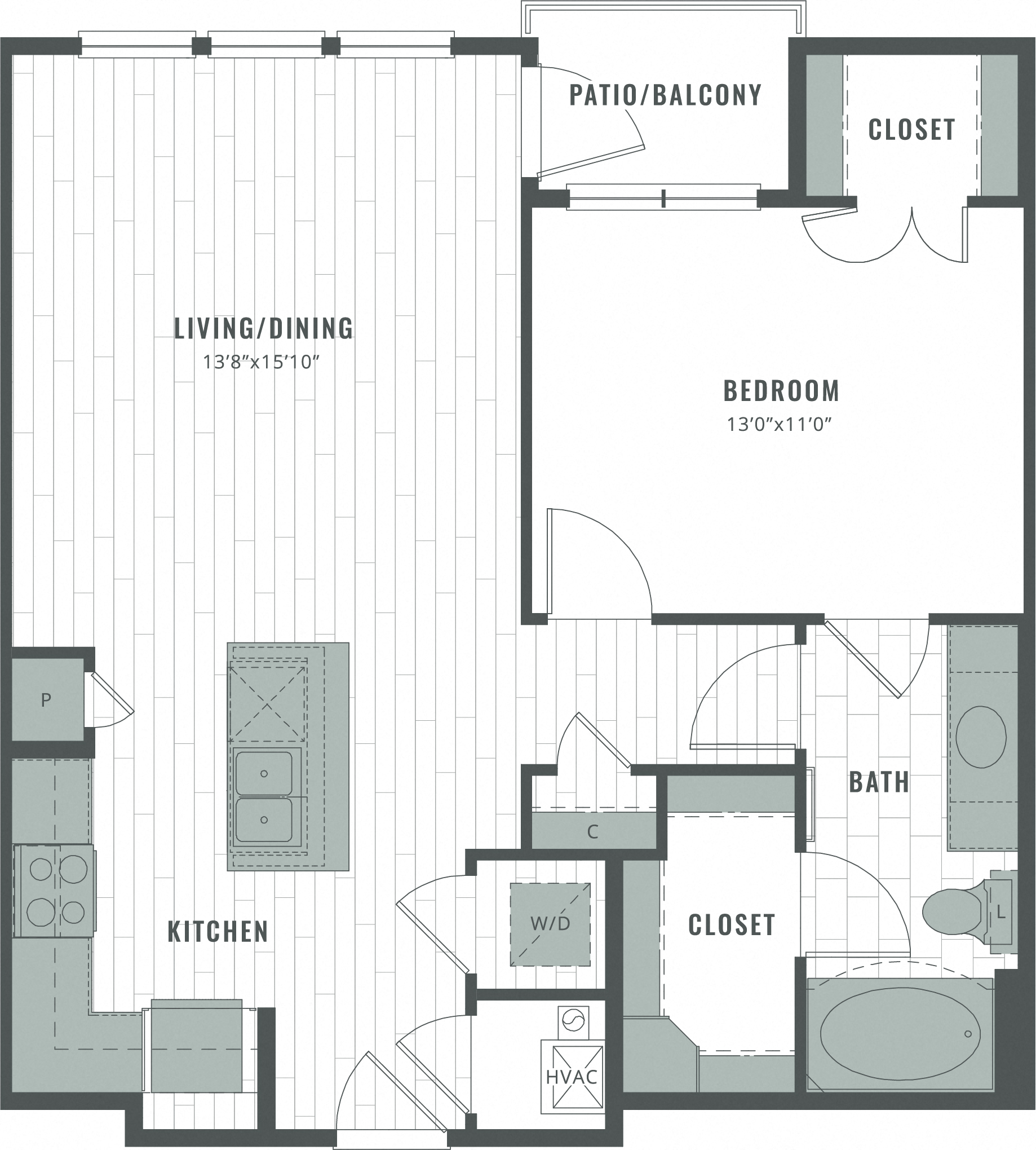 Floor plan for 1 bed, 1 bath, 797 sqft